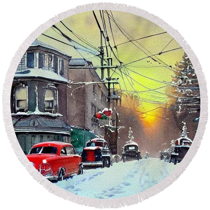 Watercolor Round Beach Towel featuring the painting Paterson New Jersey 1950s Streetscape in Winter by Christopher Lotito