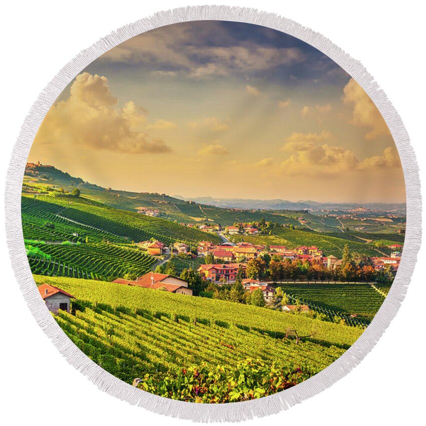 Vineyards Round Beach Towel featuring the photograph Path between the vineyards. Langhe region, Barolo by Stefano Orazzini