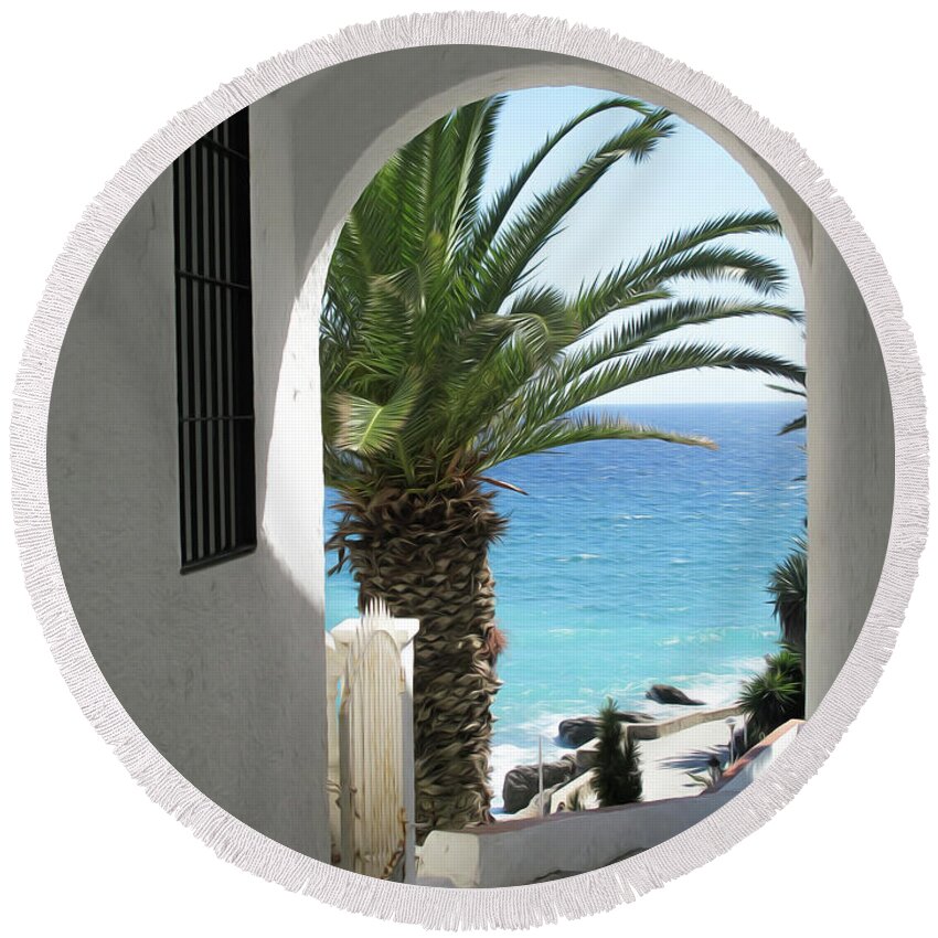 Spain Round Beach Towel featuring the digital art Path to the beach in Nerja by Naomi Maya