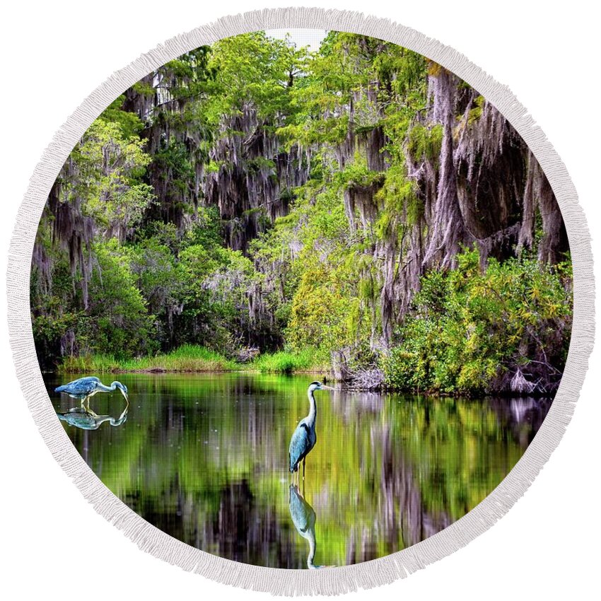 Heron Round Beach Towel featuring the digital art Patient Reflections by Norman Brule