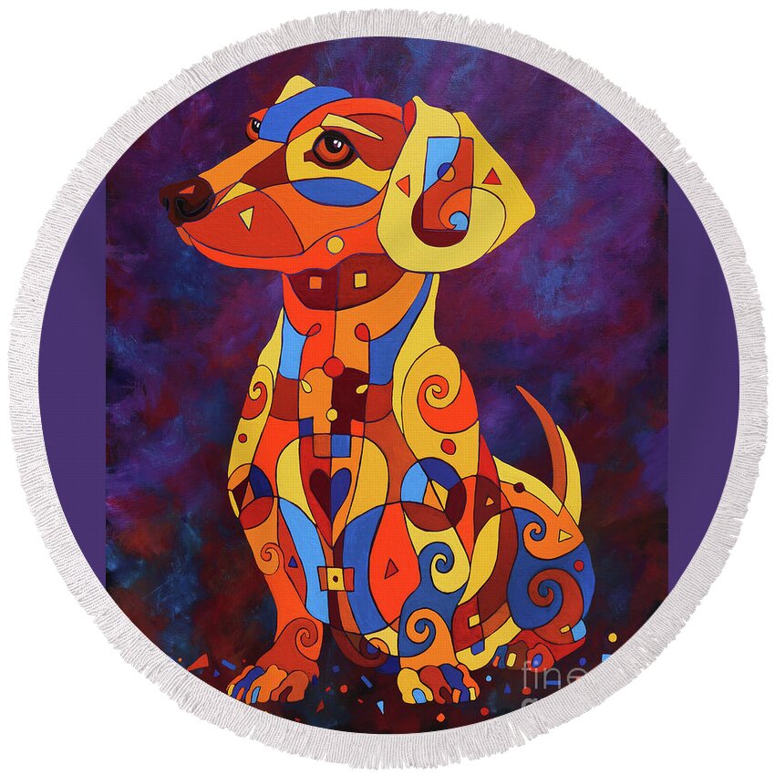 Dachshund Round Beach Towel featuring the painting Patiently Waiting Dachshund by Barbara Rush