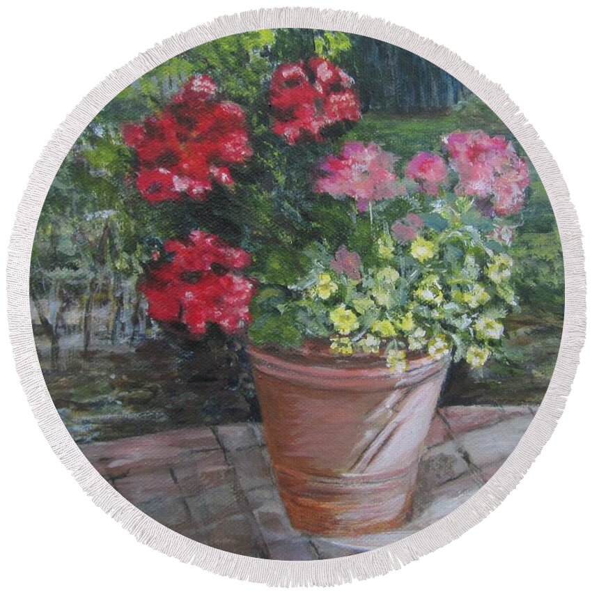 Painting Round Beach Towel featuring the painting Patio Geranium by Paula Pagliughi
