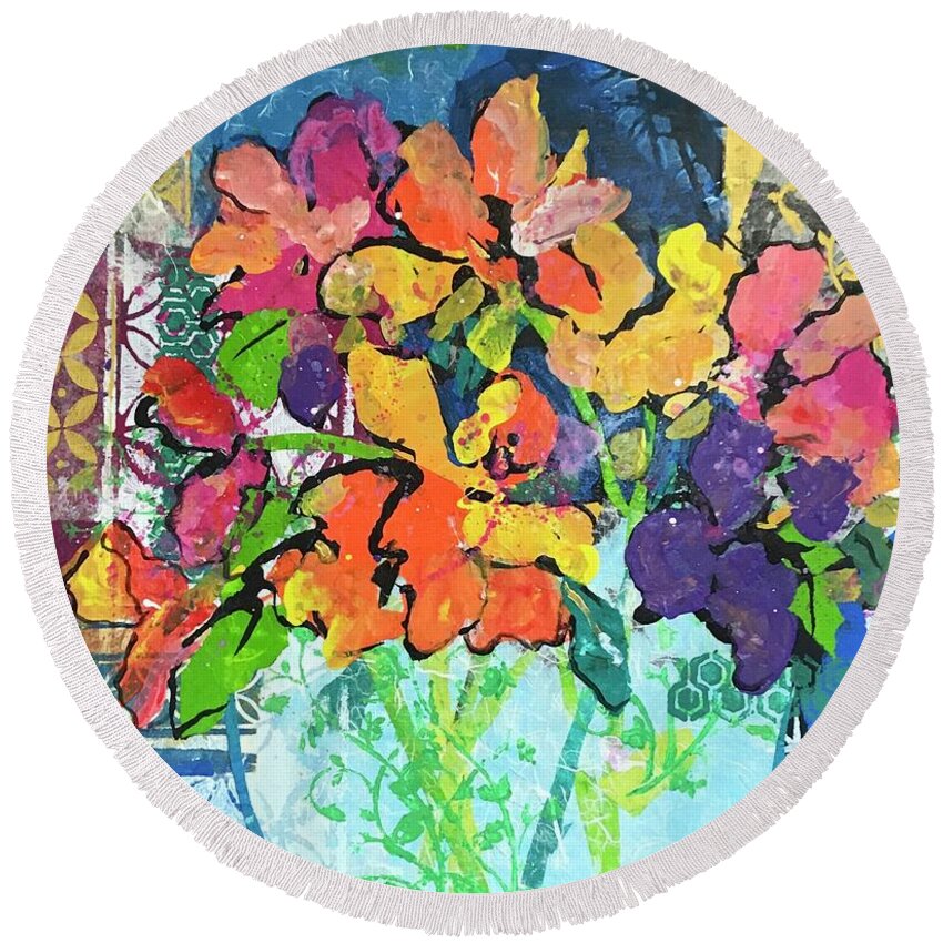 Mixed Flower Bouquet Round Beach Towel featuring the painting Patio Profusion by Elaine Elliott