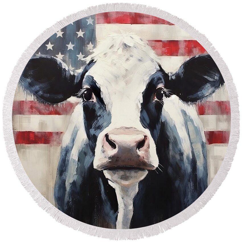 Cow Round Beach Towel featuring the painting Patriotic Cow by Tina LeCour