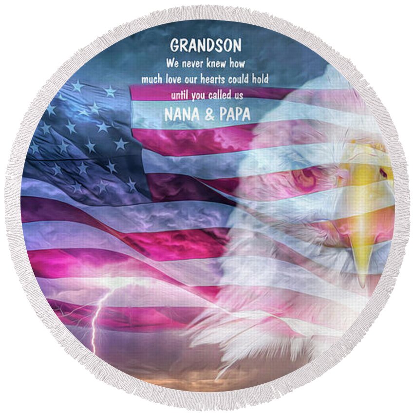 Patriotic Round Beach Towel featuring the photograph Patriotic Sky III With Message to Grandson by DB Hayes