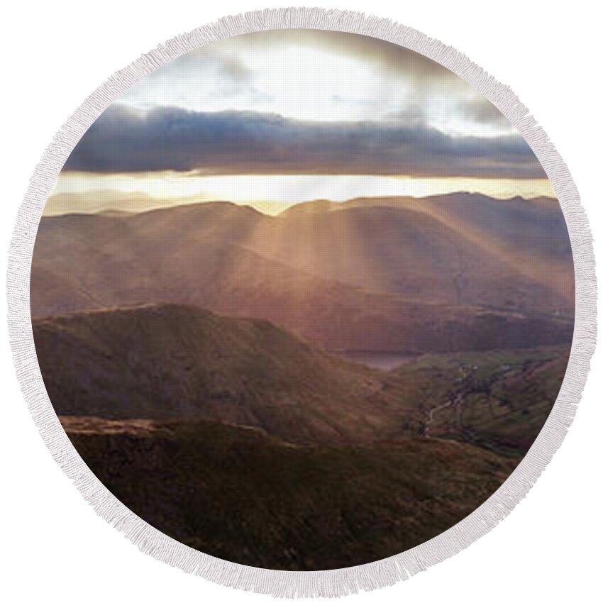 Panorama Round Beach Towel featuring the photograph Patterdale and Helvellyn Aerial Lake District by Sonny Ryse