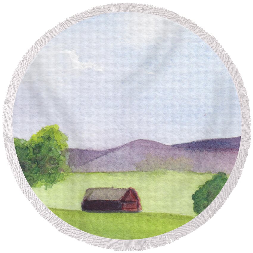 Berkshires Round Beach Towel featuring the painting Pause at Barn by Anne Katzeff