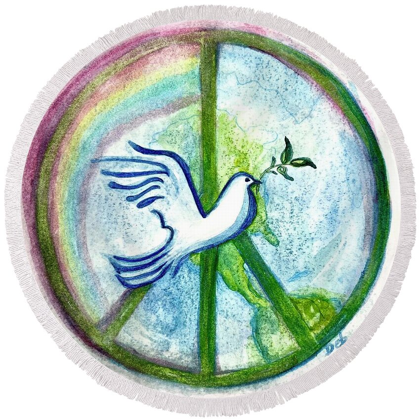 Peace Sign Round Beach Towel featuring the painting Peace on Earth by Deb Stroh-Larson