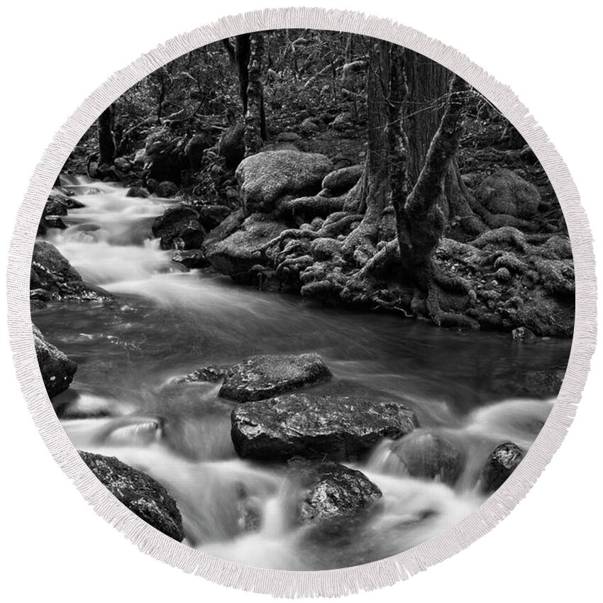 Landscape Round Beach Towel featuring the photograph Peaceful Flow Black and White by Allan Van Gasbeck