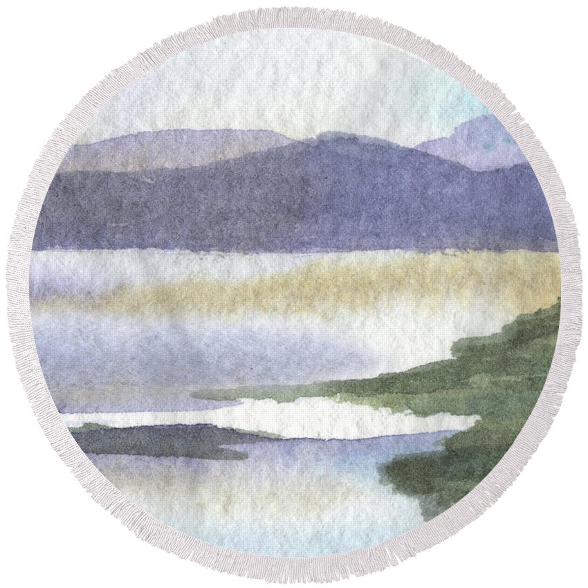 Calm Round Beach Towel featuring the painting Peaceful Lake Shore Dreamy Calm Landscape Quiet Meditative Nature II by Irina Sztukowski