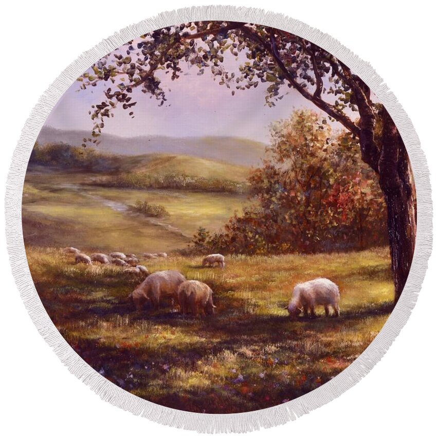 Country Landscape Round Beach Towel featuring the painting Peaceful Pasture by Lynne Pittard