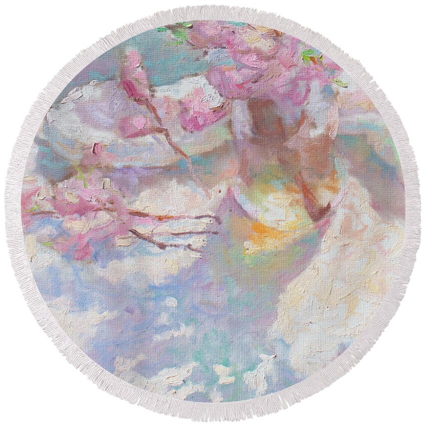 French Impressionism Round Beach Towel featuring the painting Peach Blossoms by Srishti Wilhelm