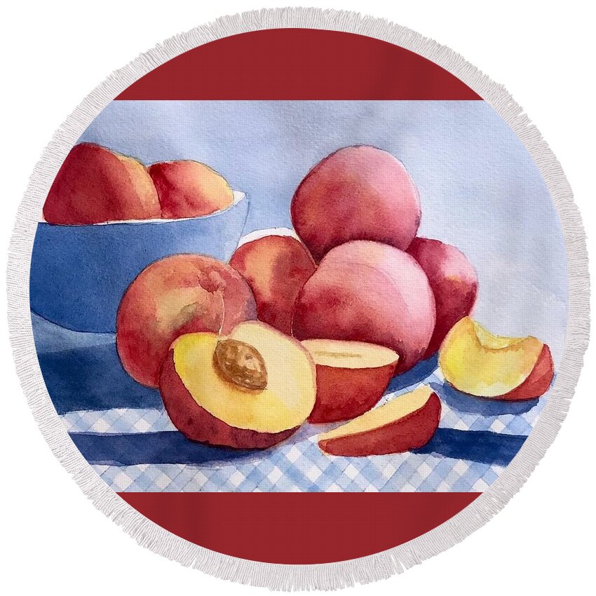 Peach Round Beach Towel featuring the painting Peach Pie Prep by Nicole Curreri