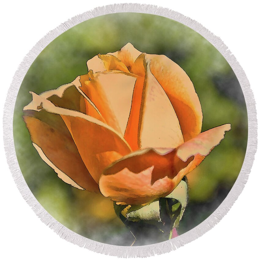 Rose-bud Round Beach Towel featuring the digital art Peach Rose Bud In Watercolor by Kirt Tisdale