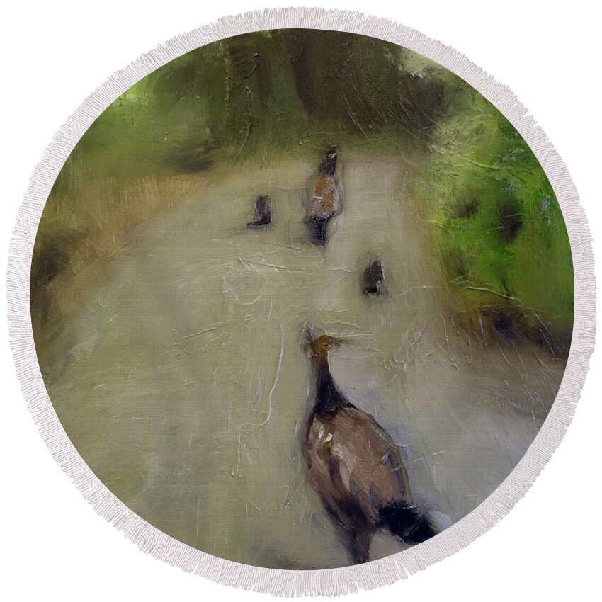 Oil Painting Round Beach Towel featuring the painting Peahens on parade by Suzy Norris
