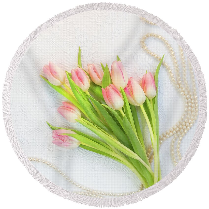 Pearls Round Beach Towel featuring the photograph Pearls and Tulips by Sylvia Goldkranz