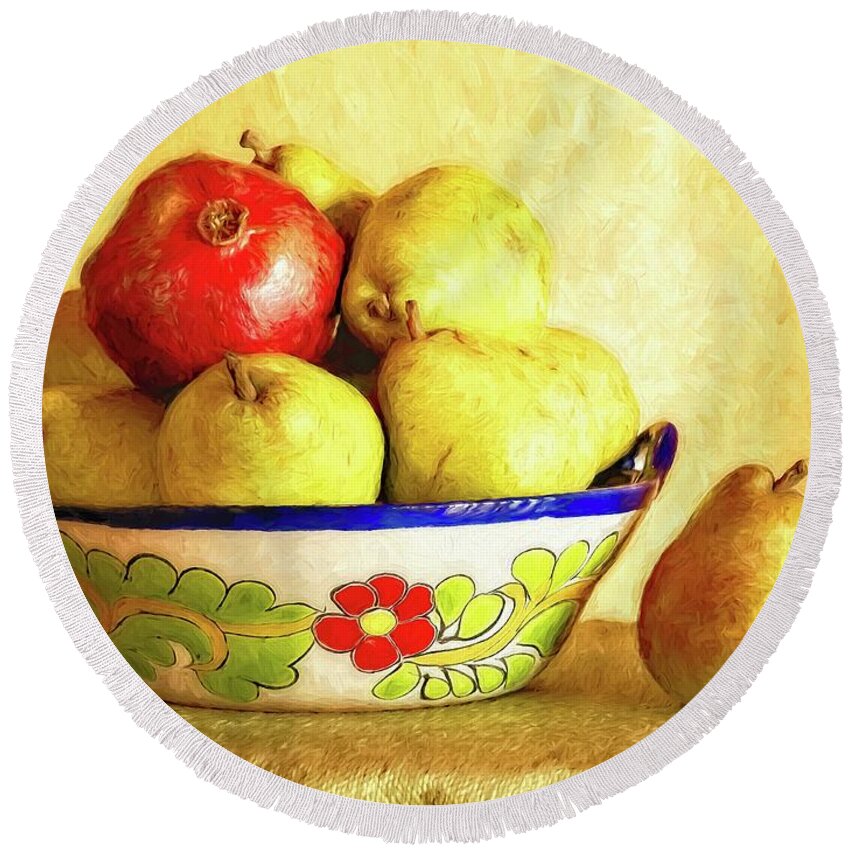 Pears Round Beach Towel featuring the photograph Pears and a Pomegranate by Sandra Selle Rodriguez