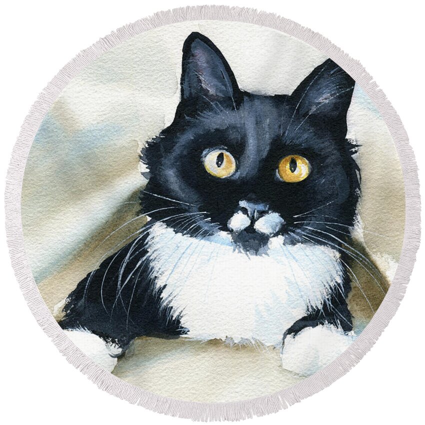 Cat Round Beach Towel featuring the painting Peekaboo Tuxedo Cat Painting by Dora Hathazi Mendes