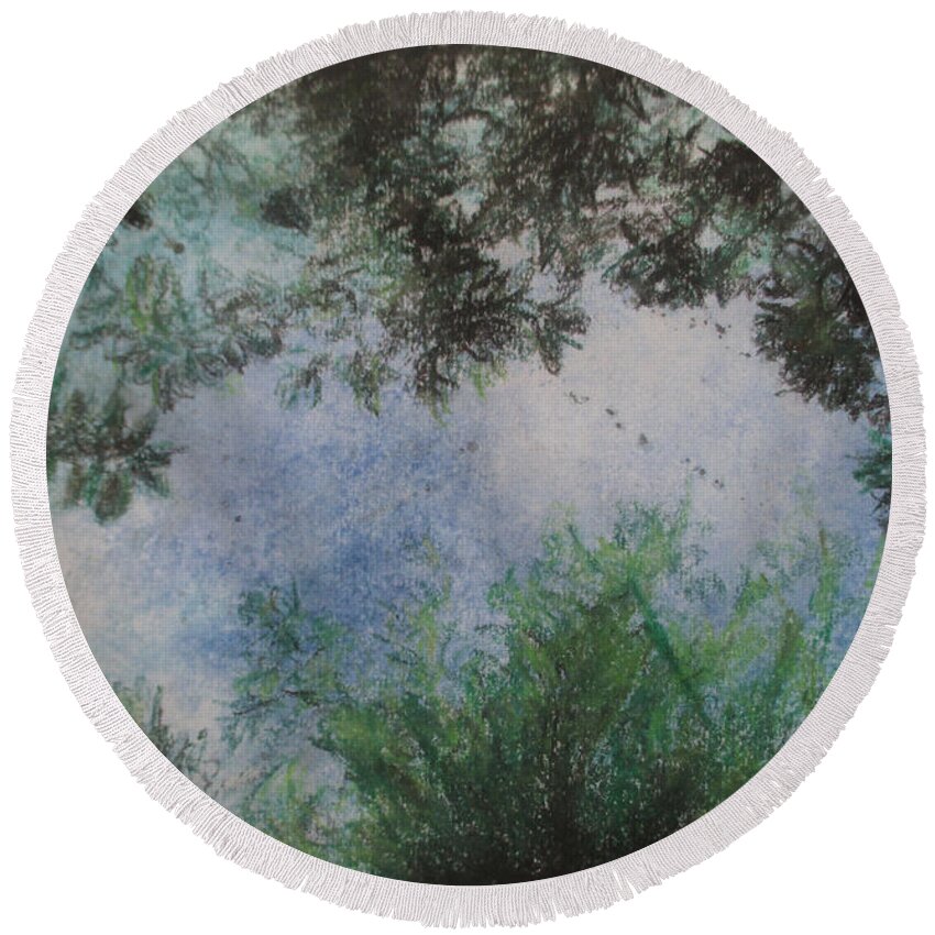 Forest Sky Round Beach Towel featuring the pastel Peeking Through by Jen Shearer