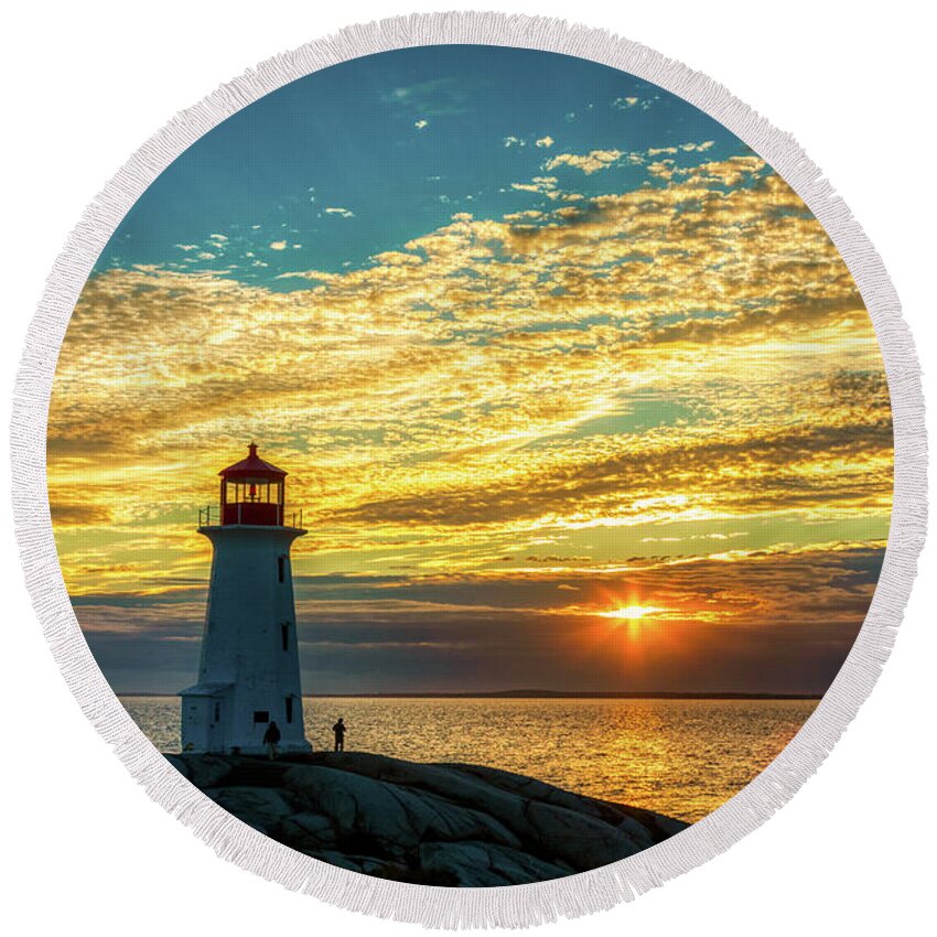 Peggy's Cove Round Beach Towel featuring the photograph Peggy's Cove Lighthouse at Sunset by Tatiana Travelways