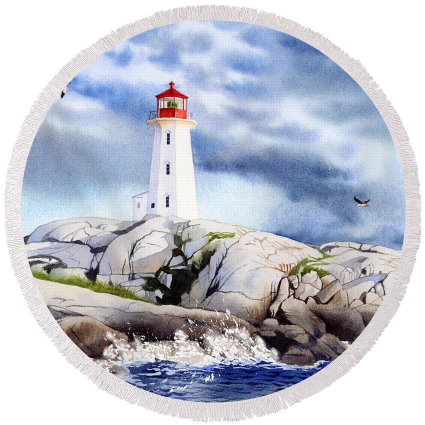 Peggy's Cove Lighthouse Round Beach Towel featuring the painting Peggy's Cove Lighthouse by Espero Art