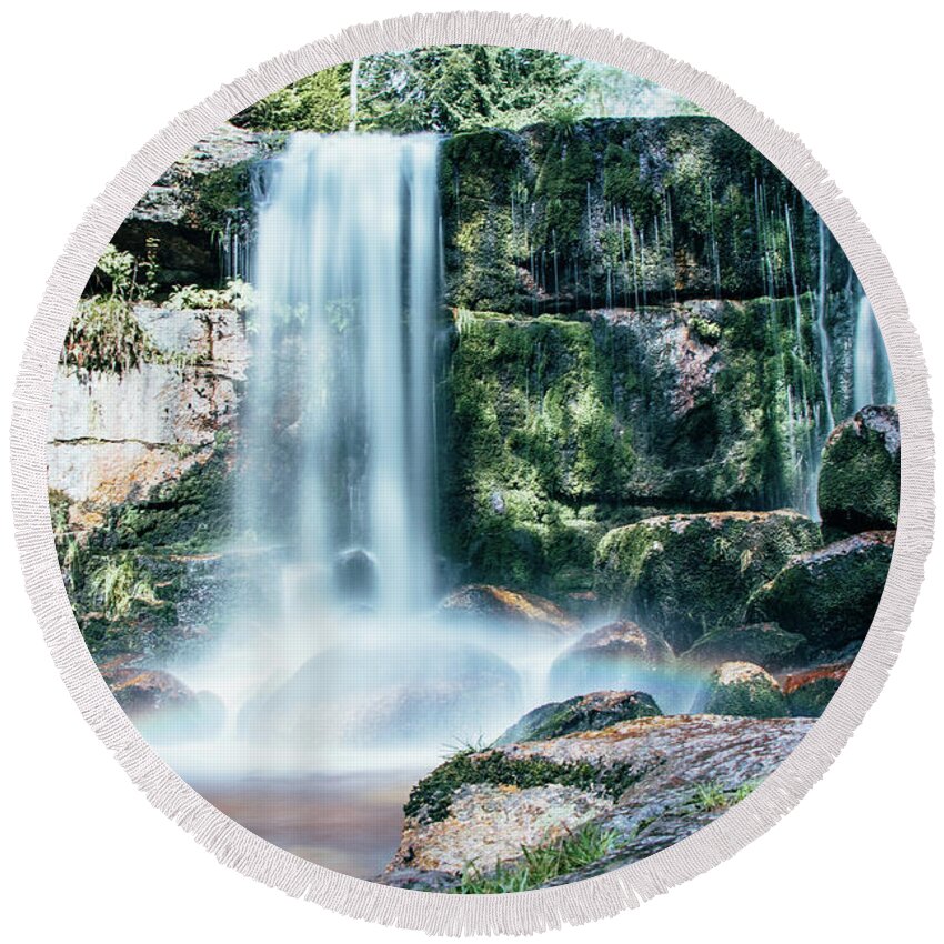 Jizera Mountains Round Beach Towel featuring the photograph Summer colours colour the ice waterfall during sunrise. Jizera Mountains by Vaclav Sonnek