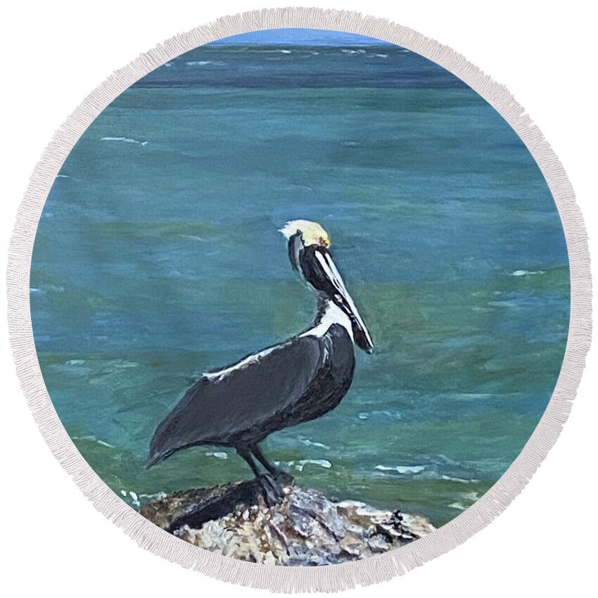 Painting Round Beach Towel featuring the painting Pelican Pride by Paula Pagliughi