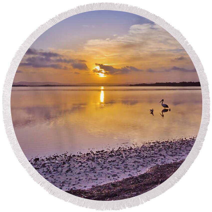 Australian Pelicans Round Beach Towel featuring the digital art Pelican sunset 9885 by Kevin Chippindall