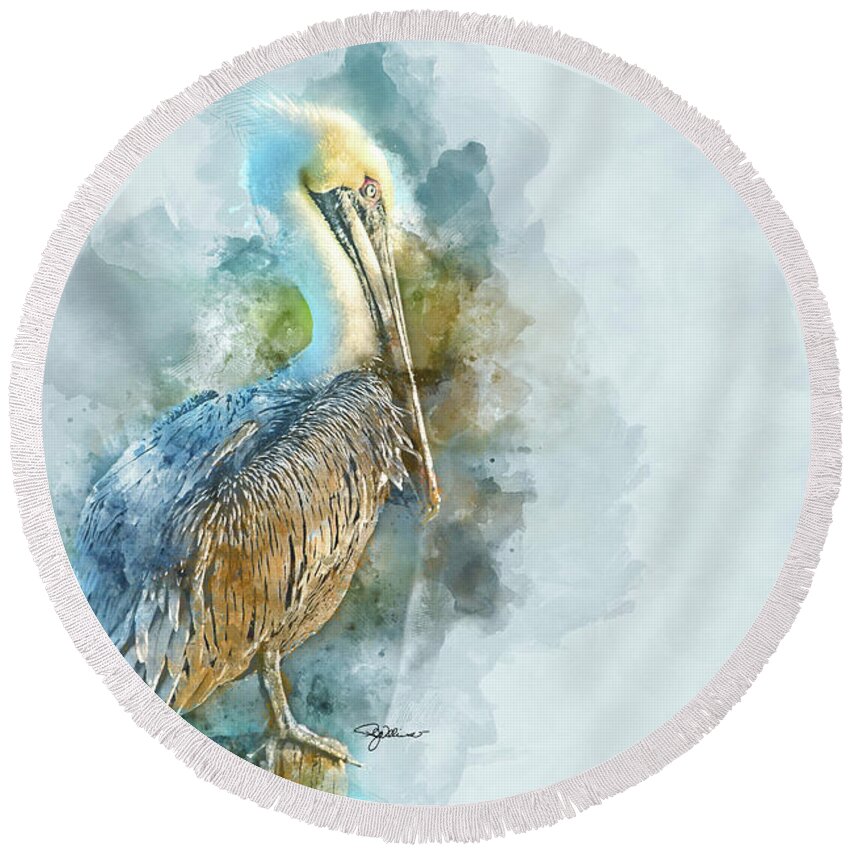 Pelican Round Beach Towel featuring the mixed media Pelican Watercolor by Pamela Williams