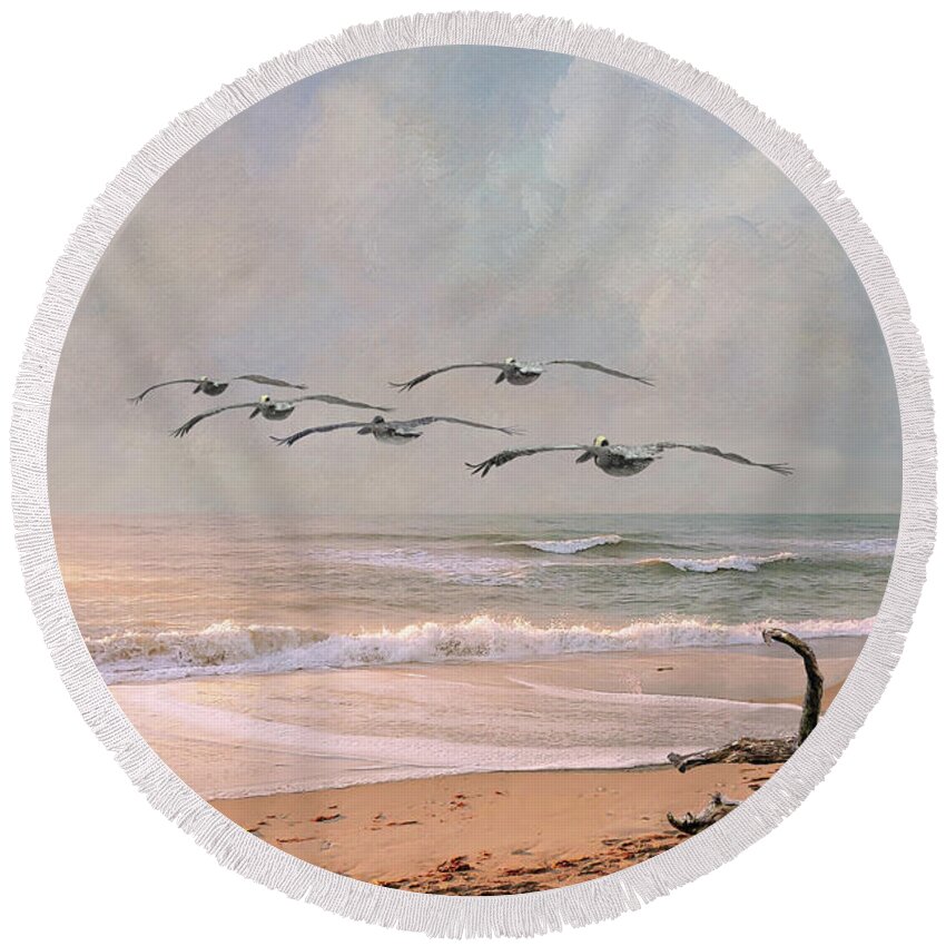 Pelicans Round Beach Towel featuring the digital art Pelicans at Honeymoon Island by M Spadecaller