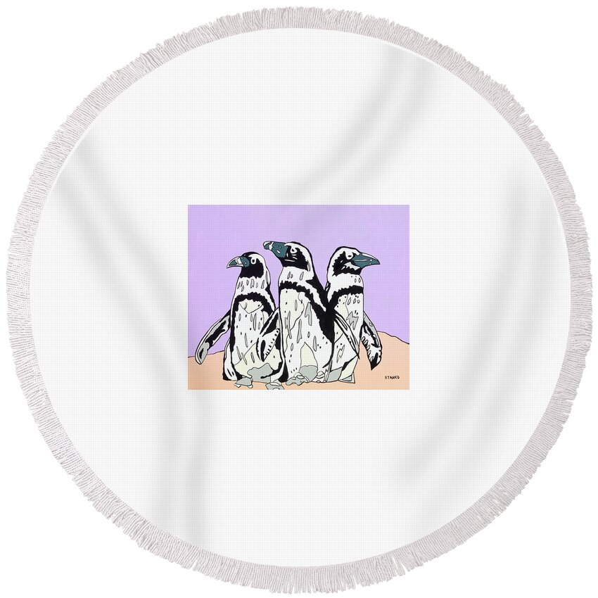Penguins Birds Round Beach Towel featuring the painting Penguins by Mike Stanko