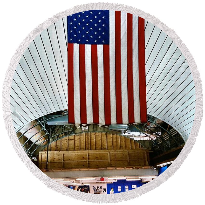 New York City Round Beach Towel featuring the photograph Penn Station NYC Flag by CAC Graphics
