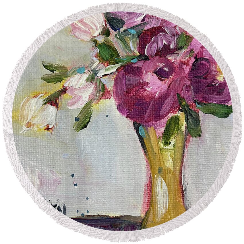 Peonies Round Beach Towel featuring the painting Peonies in a Yellow Vase by Roxy Rich