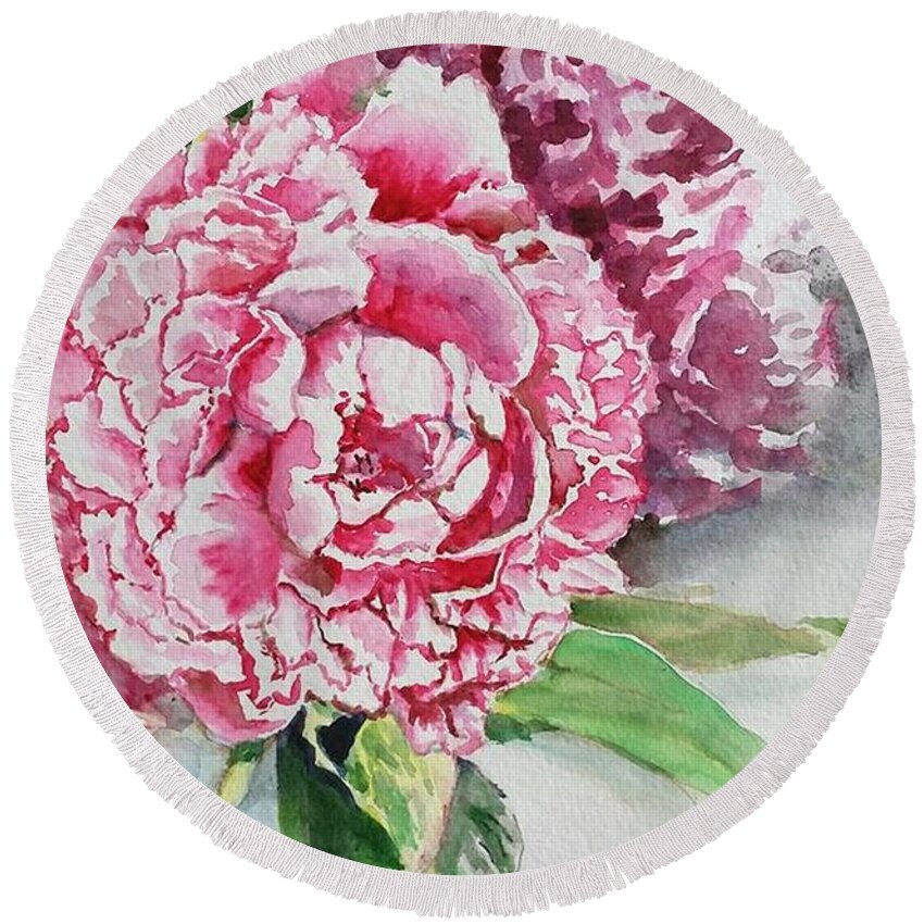 Peonies Round Beach Towel featuring the painting Peonies by Merana Cadorette