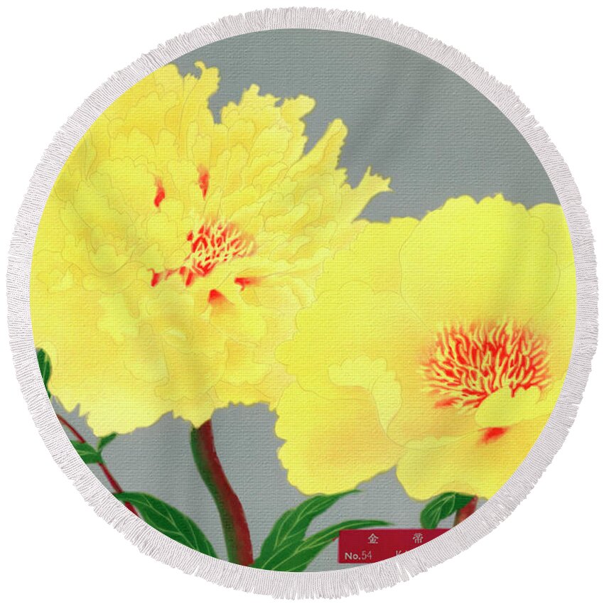 1939 Round Beach Towel featuring the painting Peony blossom, yellow flower, vintage print from The Picture Boo by Tony Rubino