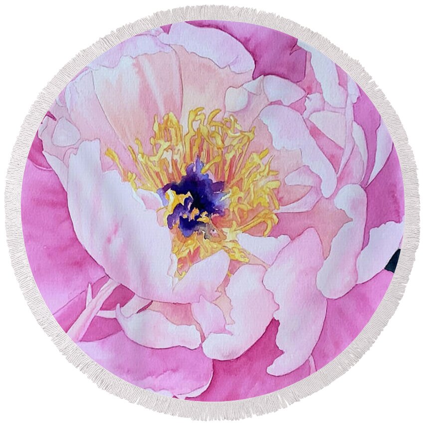 Peony Round Beach Towel featuring the painting Peony Pink Flower by Hilda Vandergriff