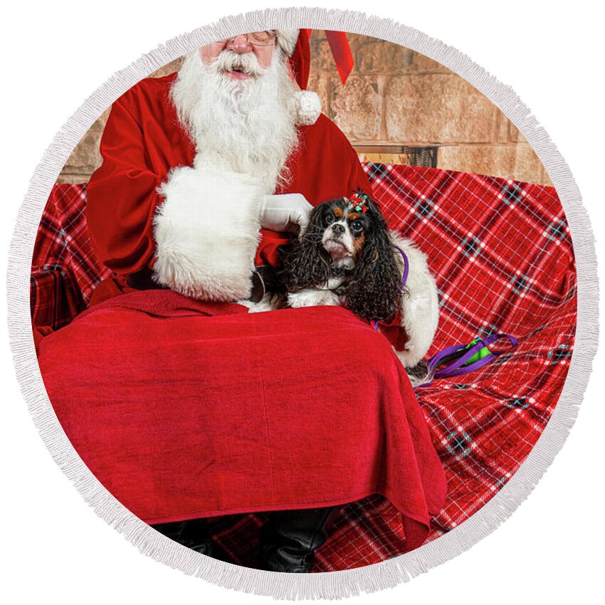 Peppermint Round Beach Towel featuring the photograph Peppermint with Santa 1 by Christopher Holmes