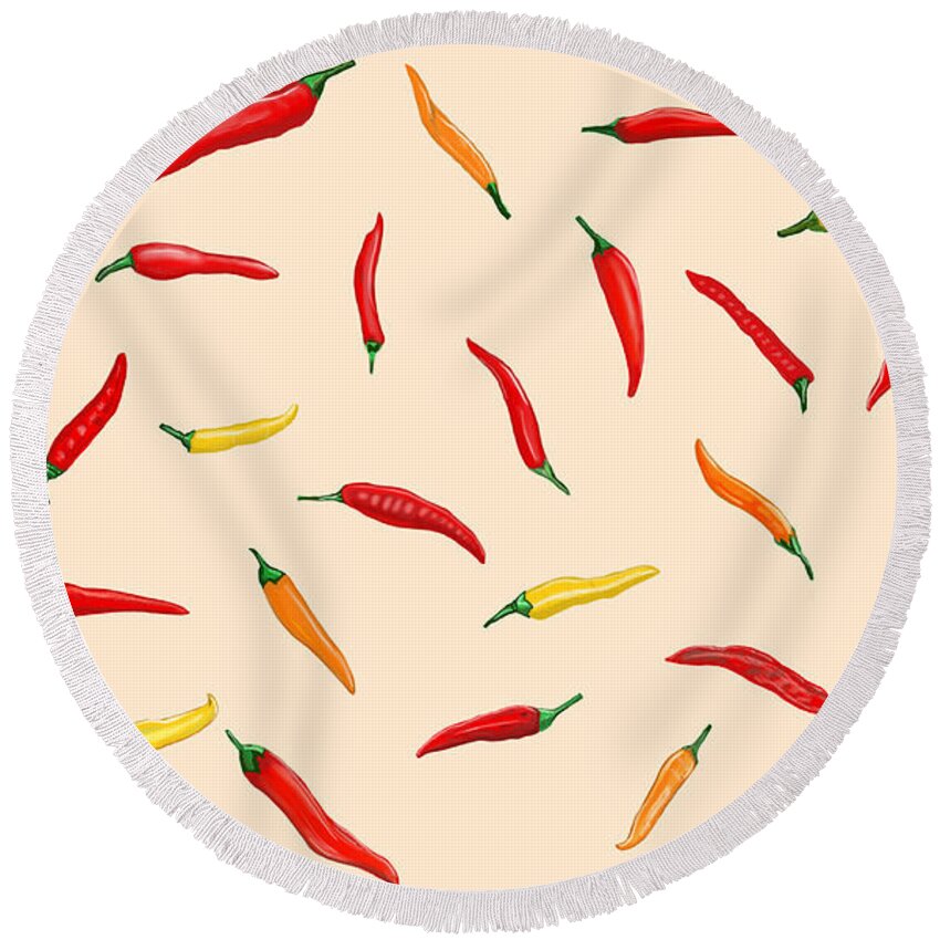 Peppers Round Beach Towel featuring the mixed media Peppers in Aioli by Judy Cuddehe
