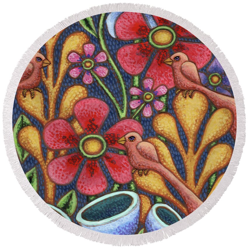 Bird Round Beach Towel featuring the painting Perching Peachily by Amy E Fraser