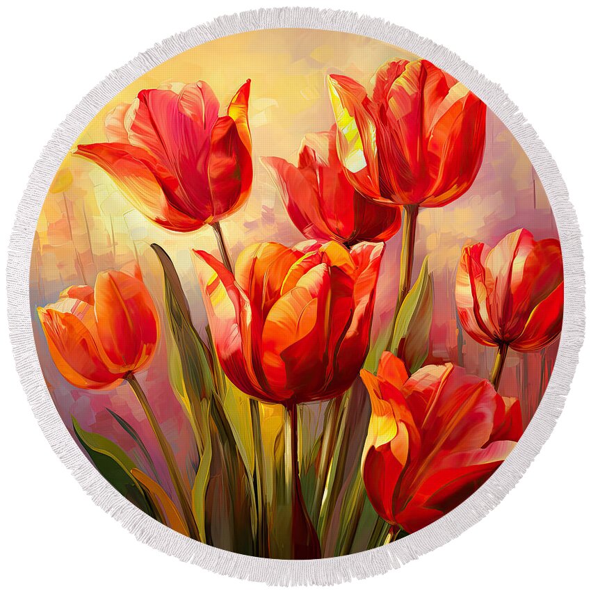 Red Tulips Round Beach Towel featuring the digital art Perfect Gift Of Love- Red Tulips Paintings by Lourry Legarde