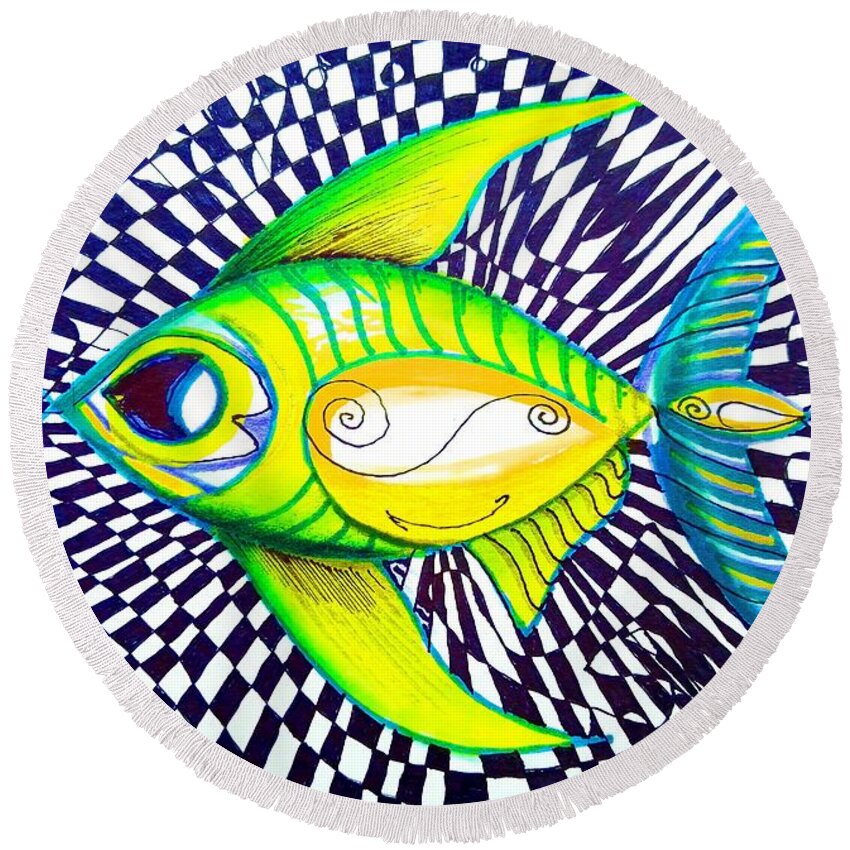 Fish Round Beach Towel featuring the painting Perplexed Contentment Fish by J Vincent Scarpace