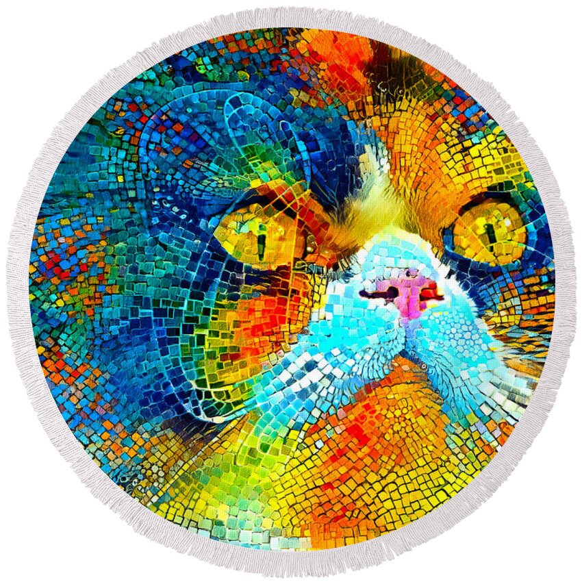 Persian Cat Round Beach Towel featuring the digital art Persian cat with long whiskers close-up - colorful mosaic by Nicko Prints