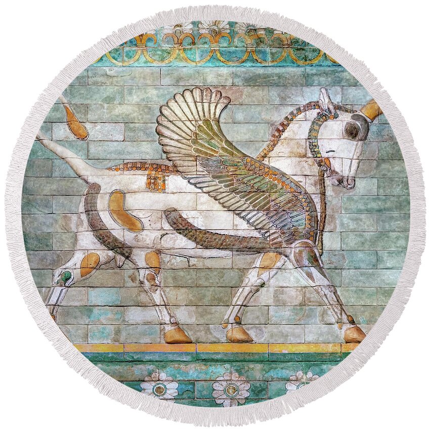 Persian Bull Round Beach Towel featuring the photograph Persian Winged Bull by Weston Westmoreland