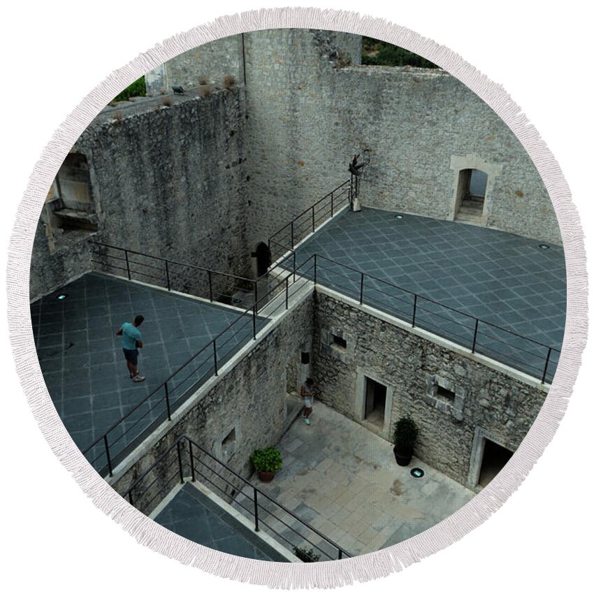 Porto-de-mos Round Beach Towel featuring the photograph Perspective in Porto De Mos Castle by Angelo DeVal