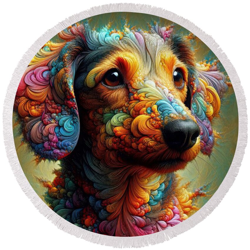 Dachshund Round Beach Towel featuring the digital art Petal Palette Pup by Bill And Linda Tiepelman
