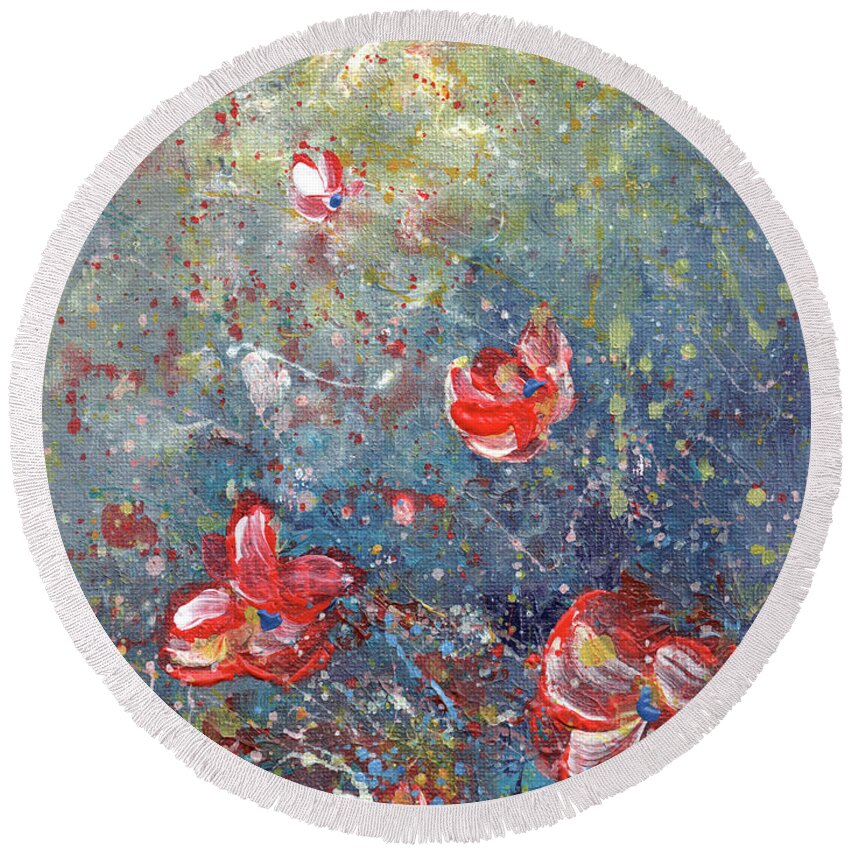 Abstract Round Beach Towel featuring the painting Petal Rain 05 by Miki De Goodaboom