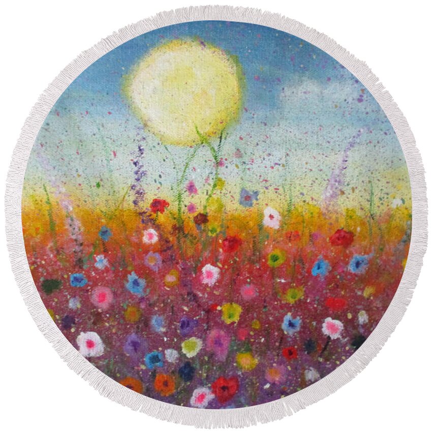 Flower Round Beach Towel featuring the painting Petalled Skies by Jen Shearer