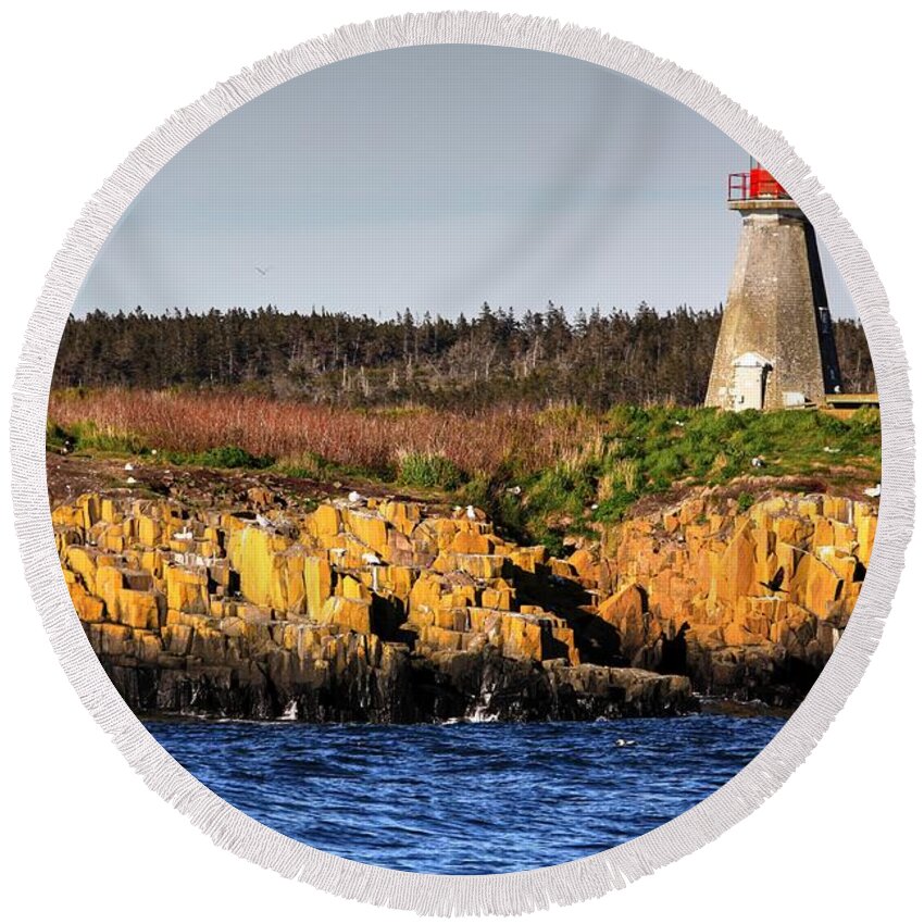 Light House Island Peters Island Gulls Rocks Sea Ocean Nova Scotia Round Beach Towel featuring the photograph Peters Light House by David Matthews