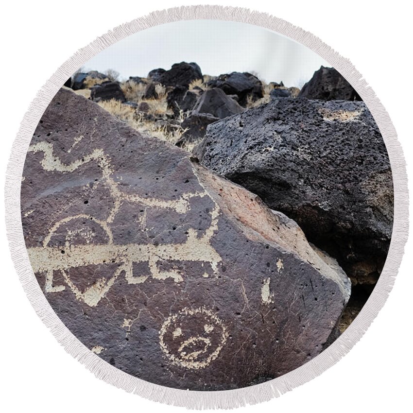 Petroglyph National Monument Round Beach Towel featuring the photograph Petroglyph Monument Animal by Kyle Hanson
