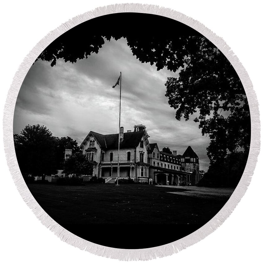 The Dole Mansion Round Beach Towel featuring the photograph Phantasm - BW by Fred Larucci